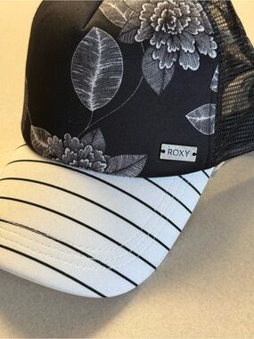 Roxy Black Floral Trucker Hat with White Striped Brim